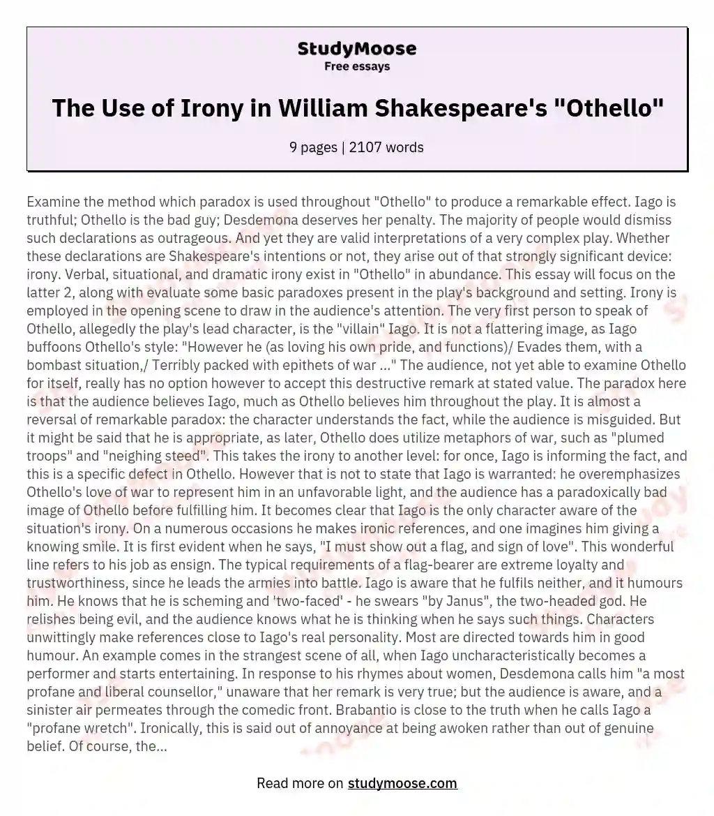 The Use of Irony in William Shakespeare's "Othello" essay