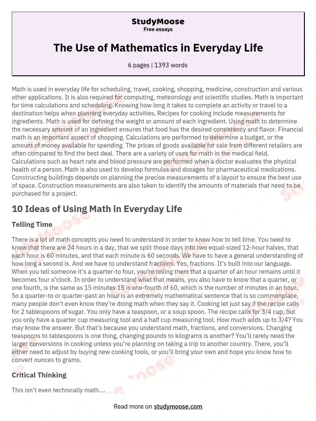 The Use of Mathematics in Everyday Life essay