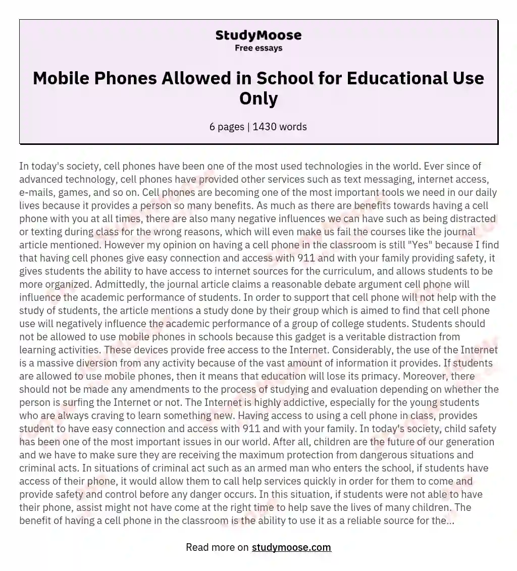 Mobile Phones Allowed in School for Educational Use Only essay
