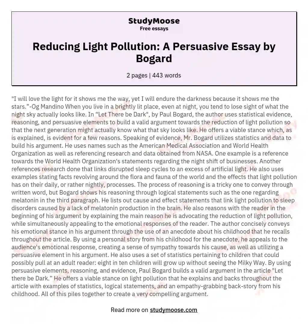 Reducing Light Pollution: A Persuasive Essay by Bogard essay