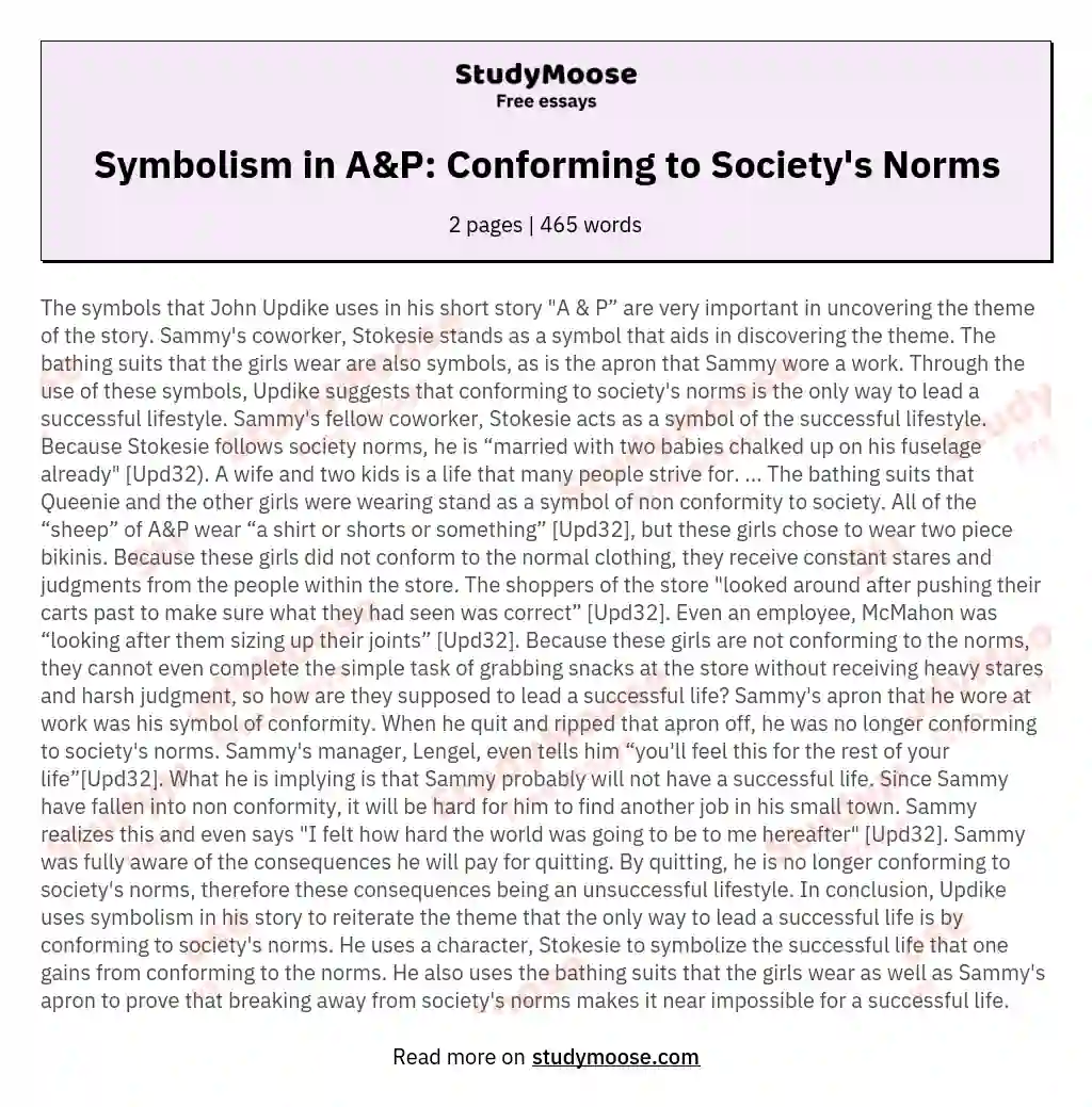 Symbolism in A&P: Conforming to Society's Norms essay
