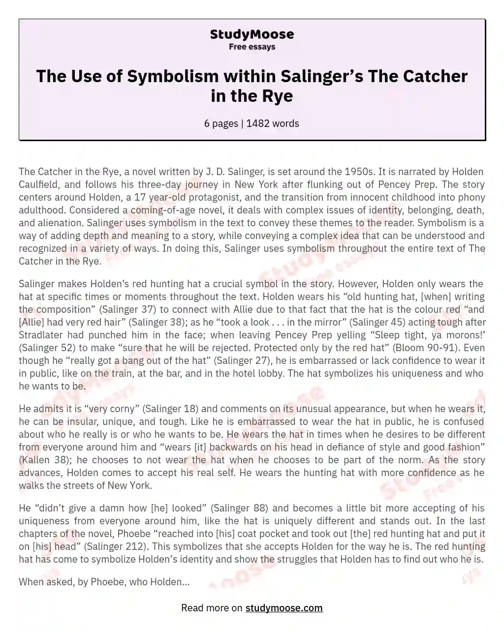 The Use of Symbolism within Salinger’s The Catcher in the Rye essay