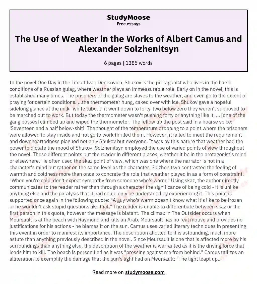 The Use of Weather in the Works of Albert Camus and Alexander Solzhenitsyn essay