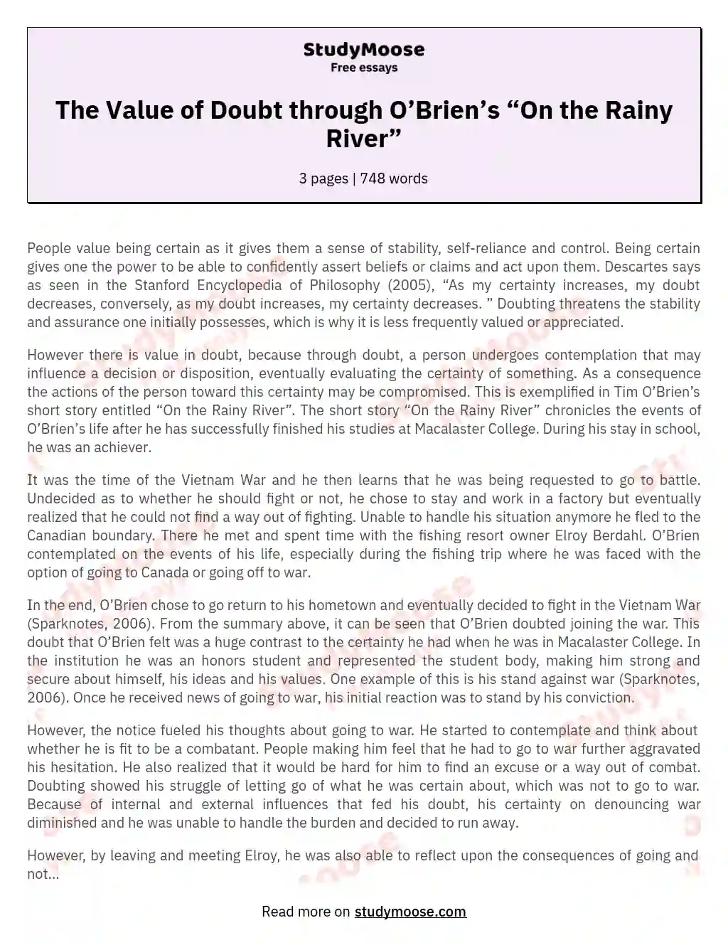 The Value of Doubt through O’Brien’s “On the Rainy River” essay