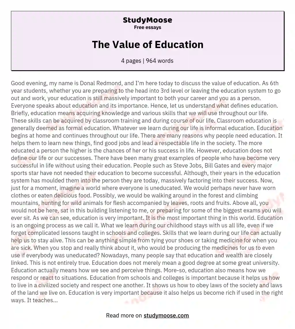 need for value based education essay