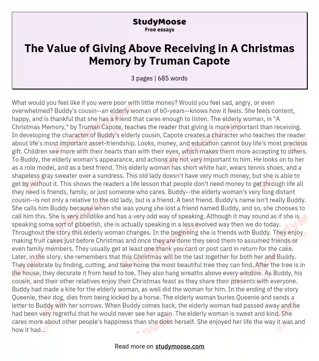 The Value of Giving Above Receiving in A Christmas Memory by Truman Capote essay