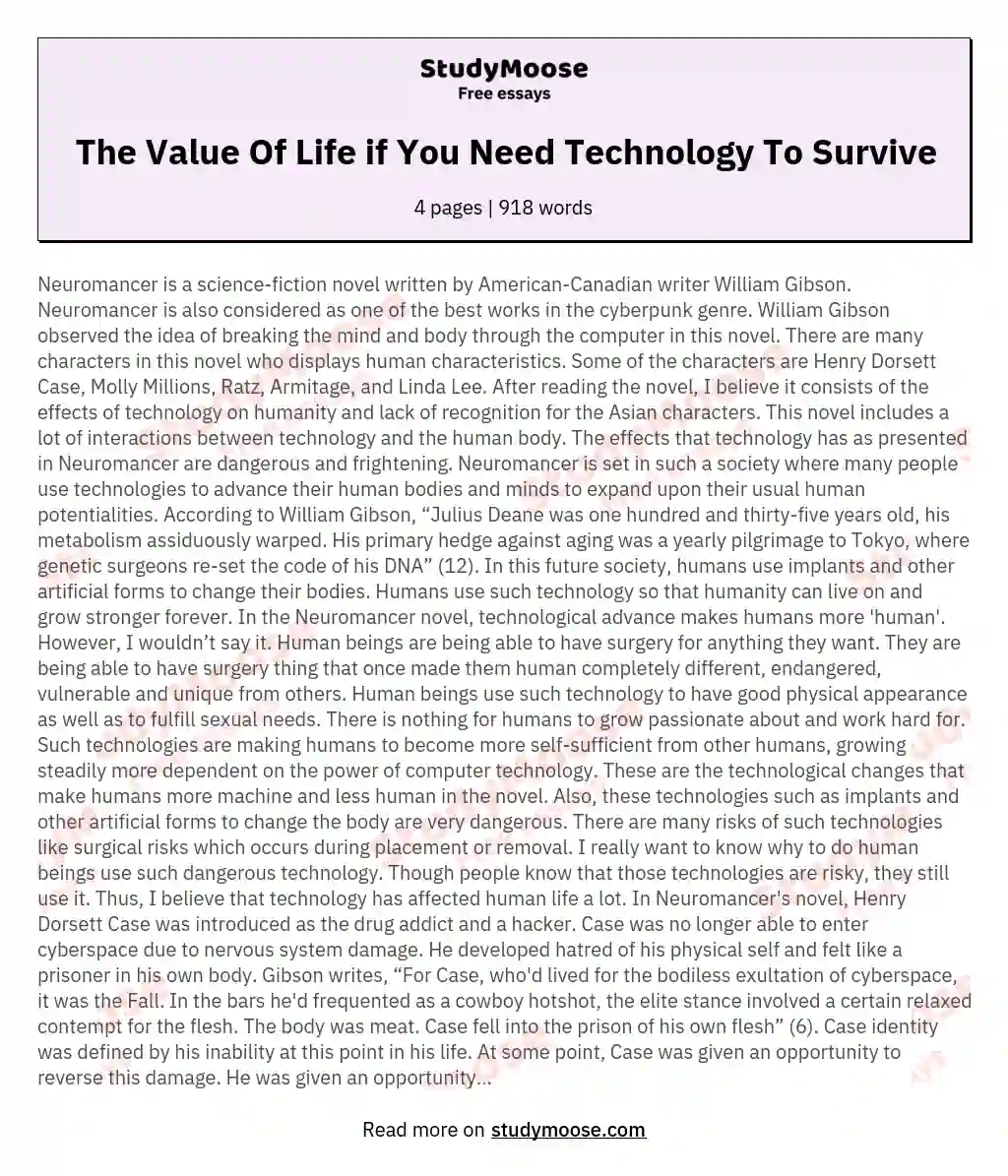 The Value Of Life if You Need Technology To Survive essay
