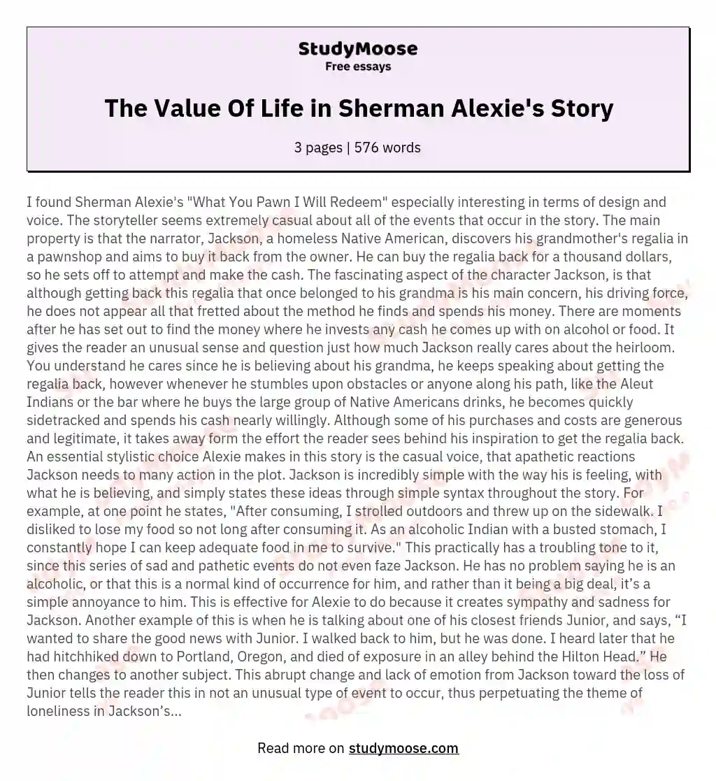 The Value Of Life in Sherman Alexie's Story essay