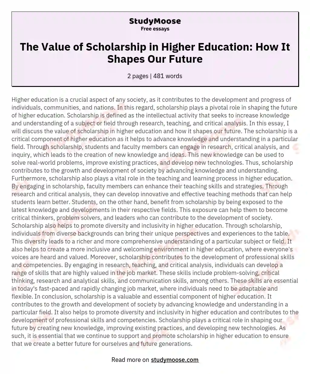 The Value of Scholarship in Higher Education: How It Shapes Our Future essay