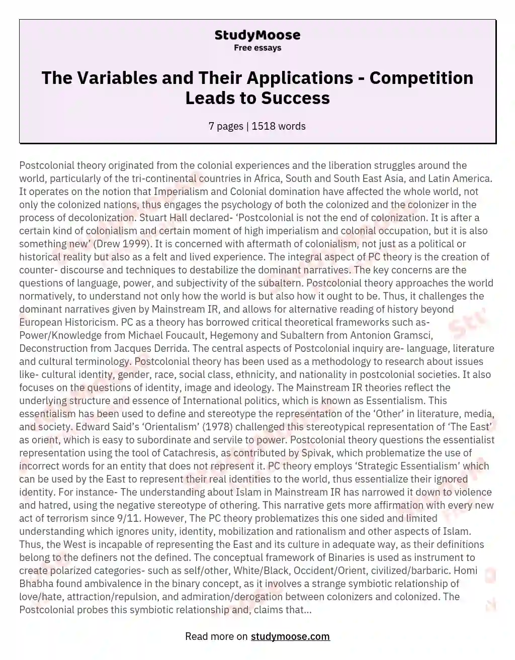 The Variables and Their Applications - Competition Leads to Success essay