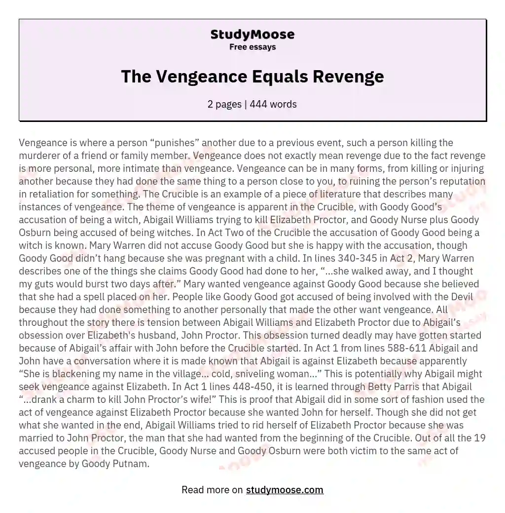 The Vengeance Equals Revenge essay