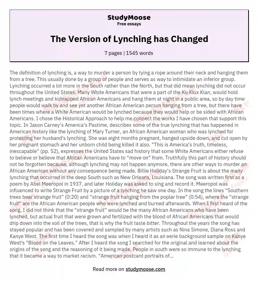 The Version of Lynching has Changed essay