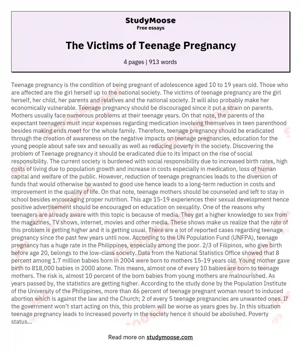 The Victims Of Teenage Pregnancy A Satire Paper Free Essay Example