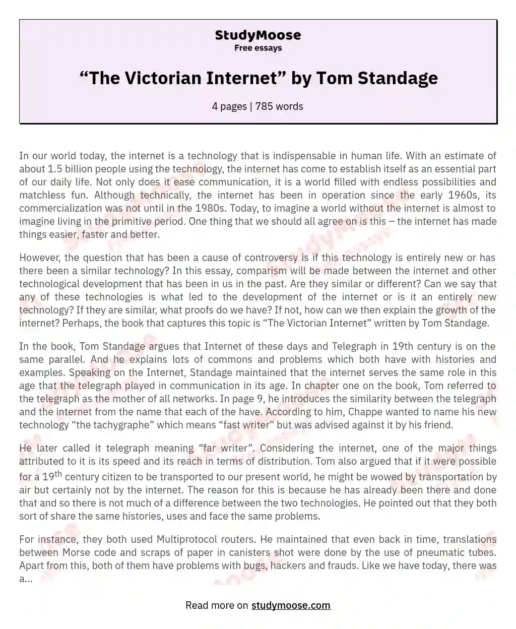 “The Victorian Internet” by Tom Standage essay