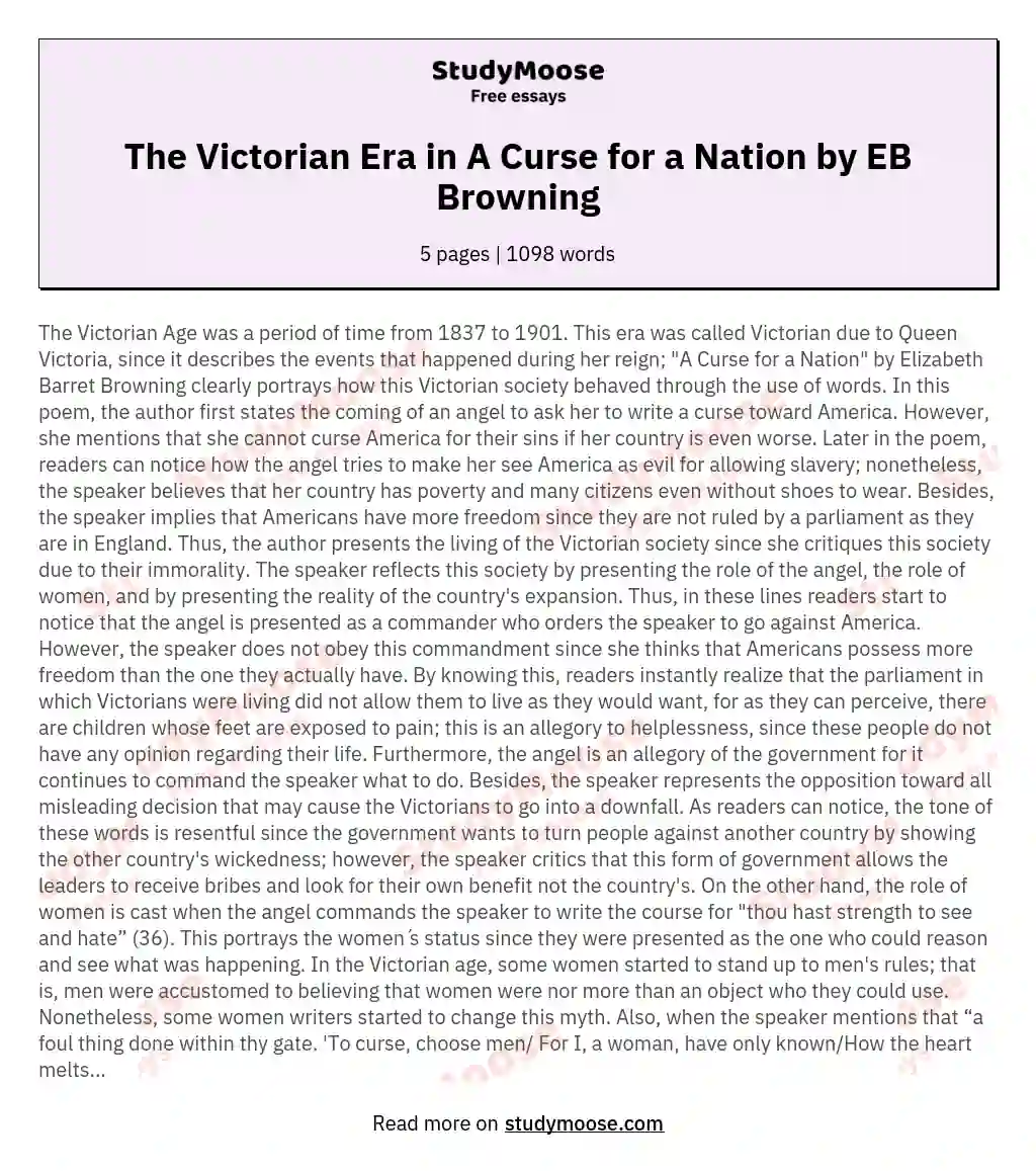 The Victorian Era in A Curse for a Nation by EB Browning essay