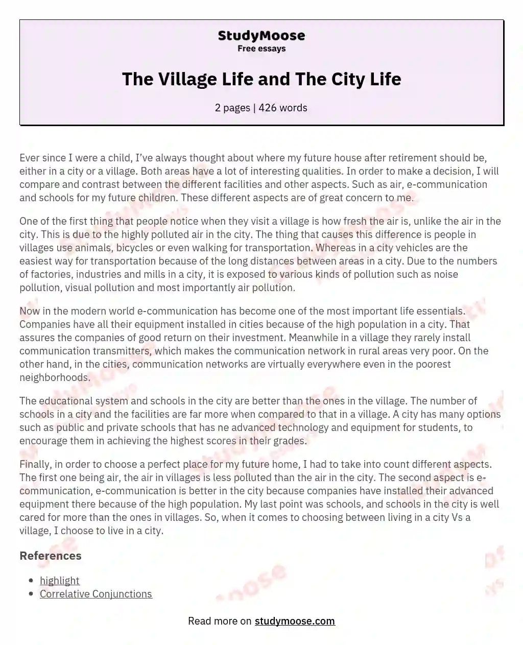 compare and contrast essay on city and village life