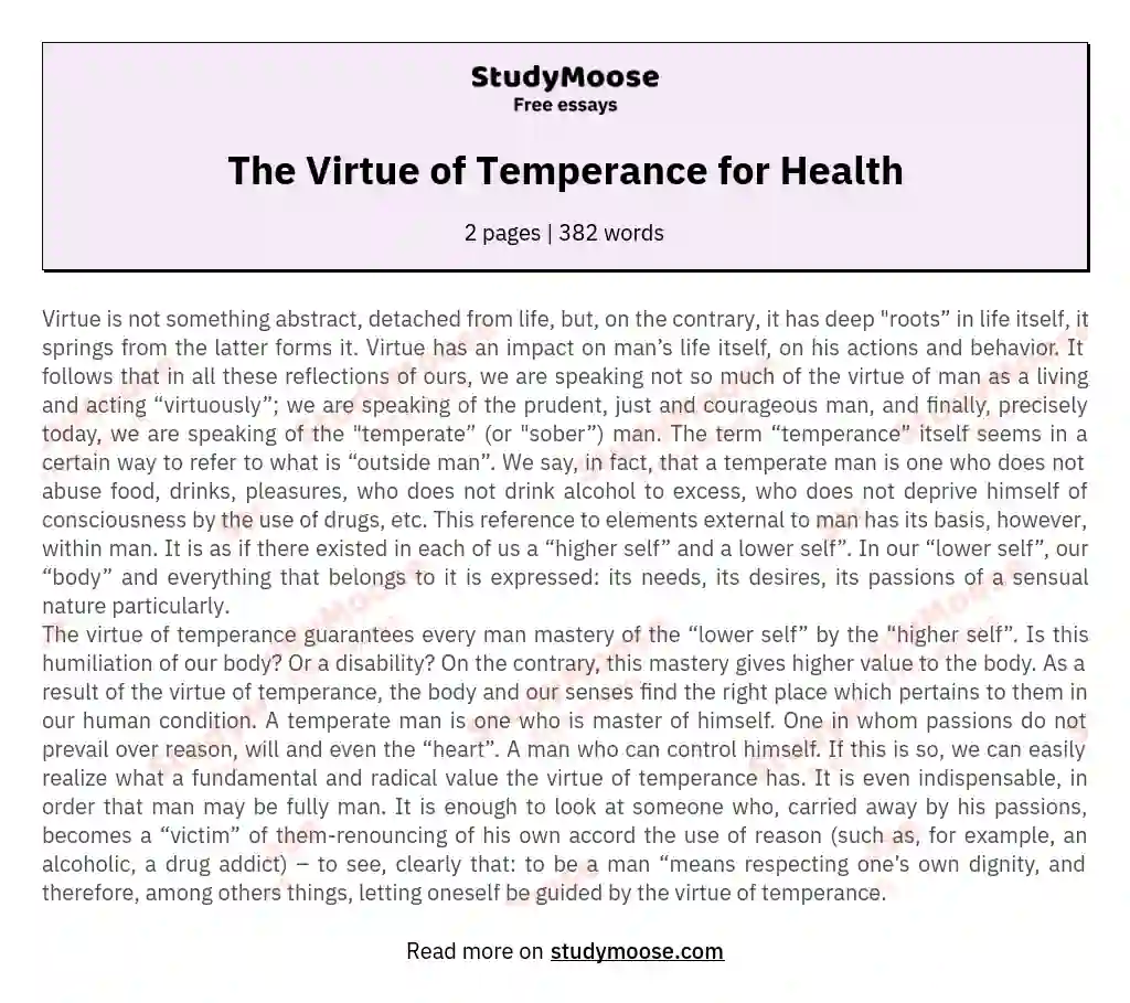 The Virtue of Temperance for Health essay