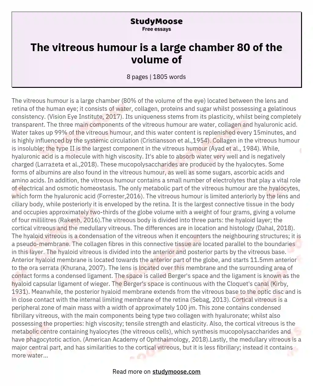 The vitreous humour is a large chamber 80 of the volume of essay