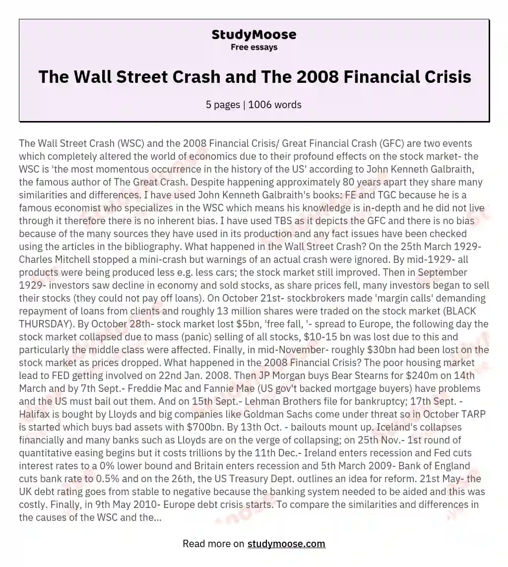 The Wall Street Crash and The 2008 Financial Crisis essay