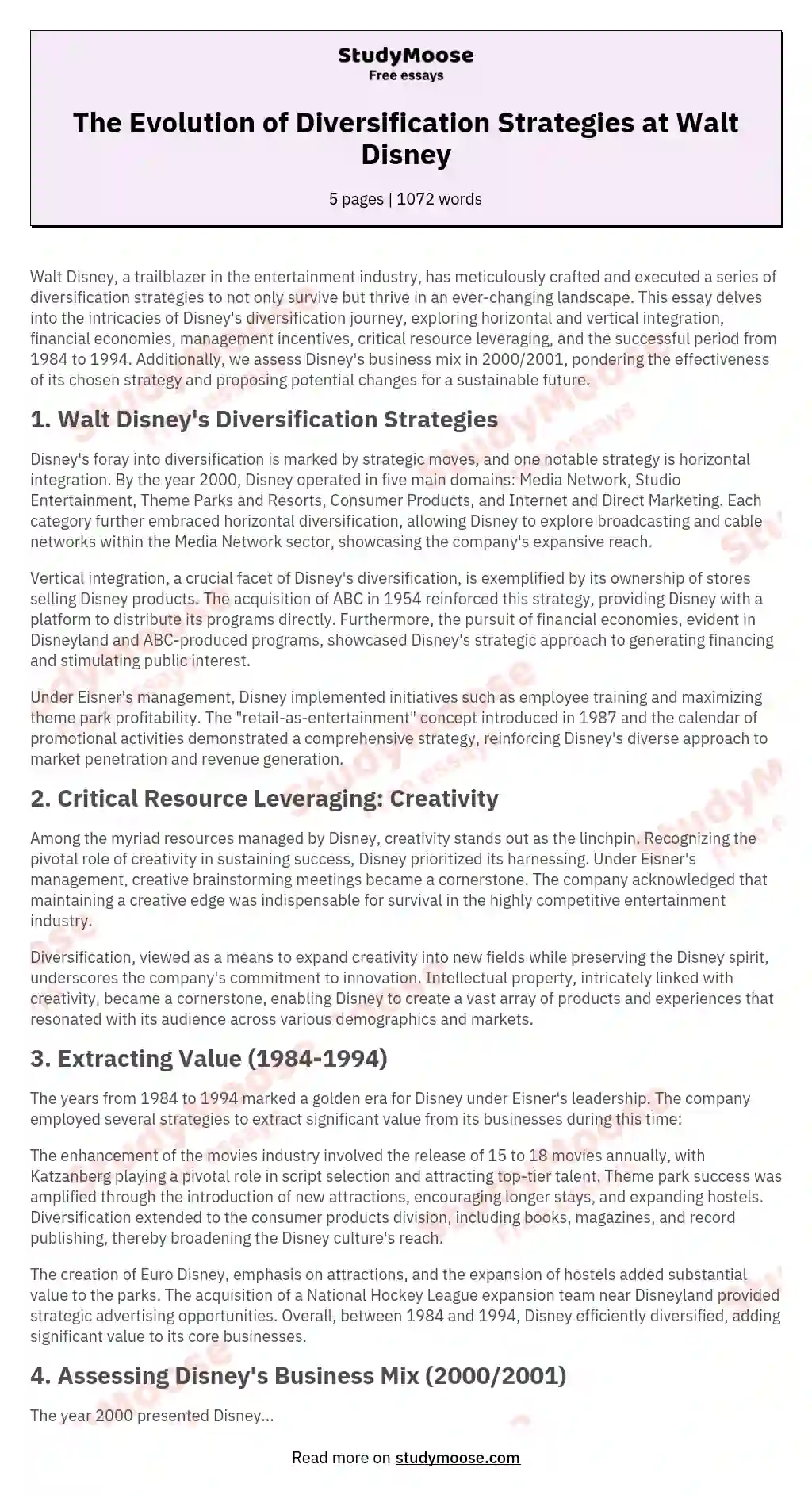 The Walt Disney Company: The Entertainment King Company's History Analysis
