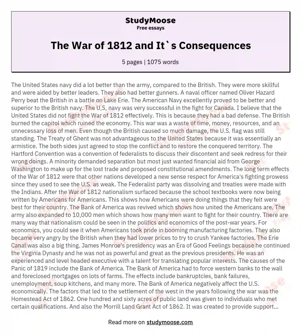 The War of 1812 and It`s Consequences essay