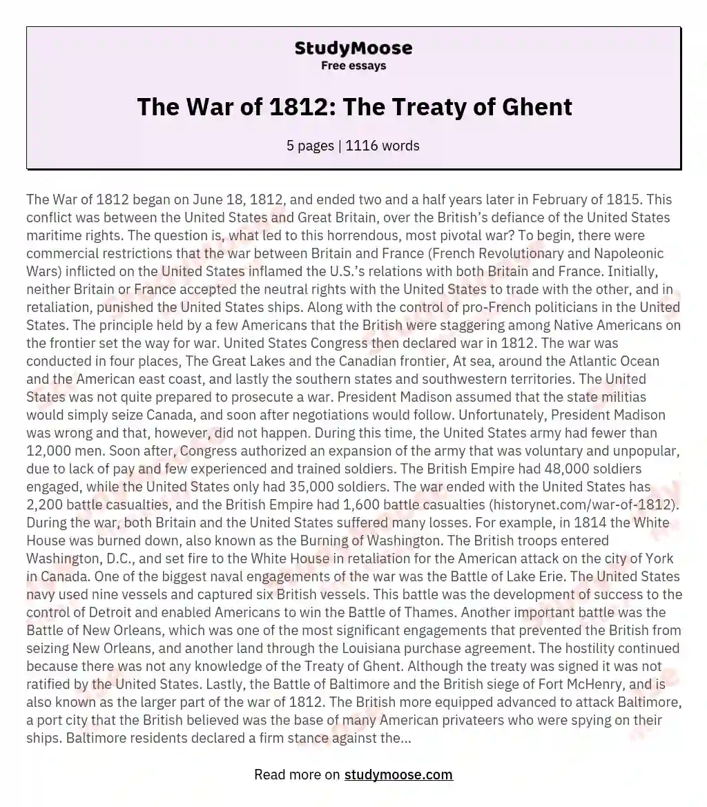 The War of 1812: The Treaty of Ghent essay