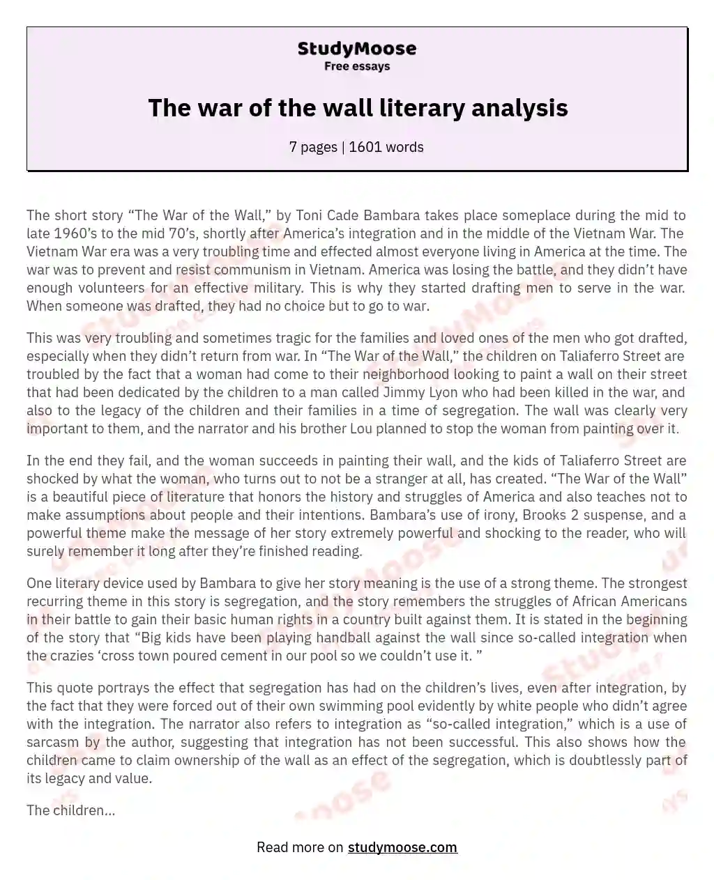 The war of the wall literary analysis essay
