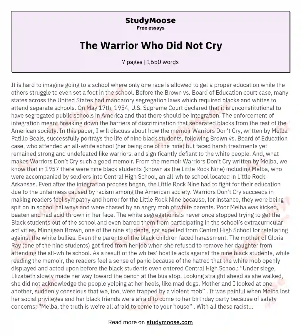 The Warrior Who Did Not Cry essay