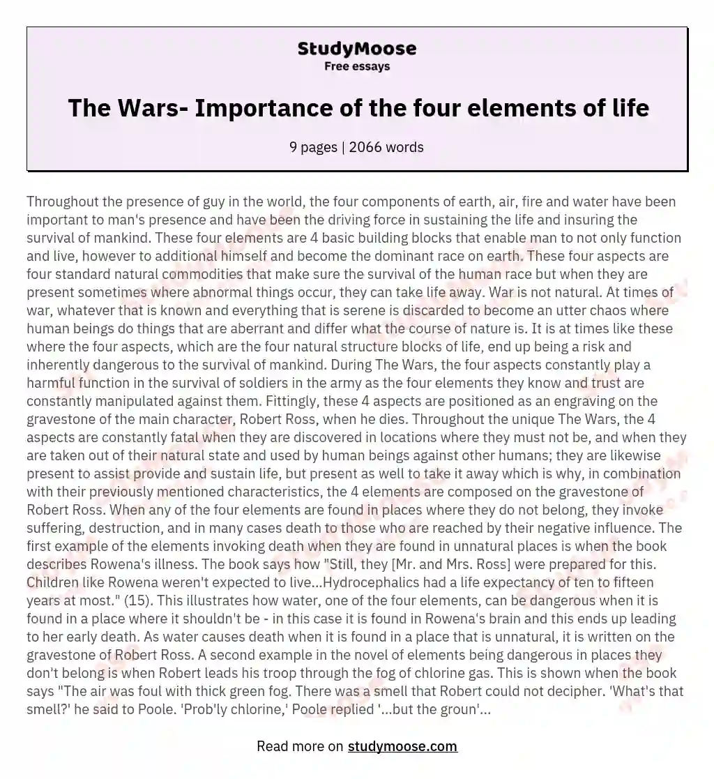 The Wars- Importance of the four elements of life essay