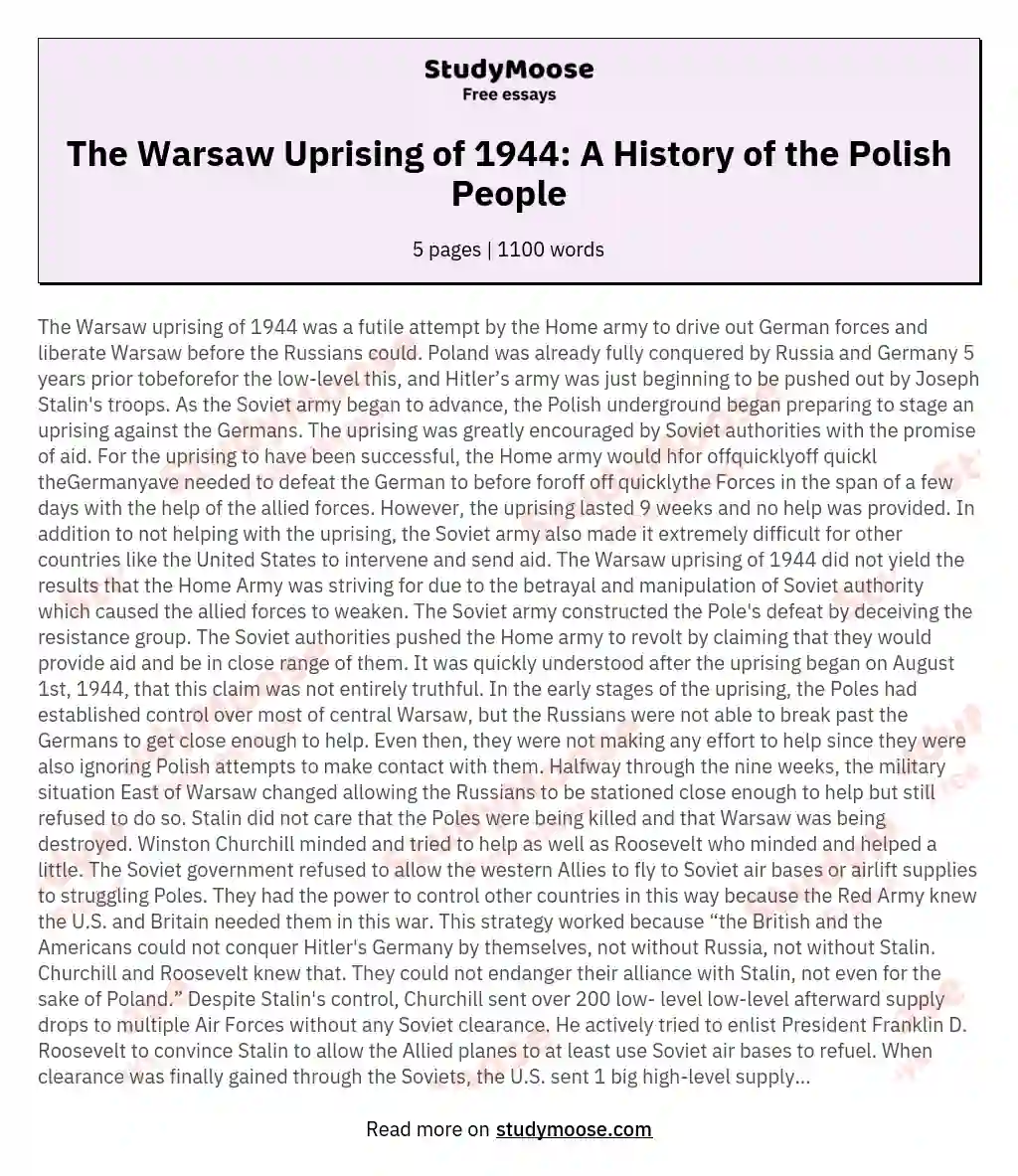 The Warsaw Uprising of 1944: A History of the Polish People essay