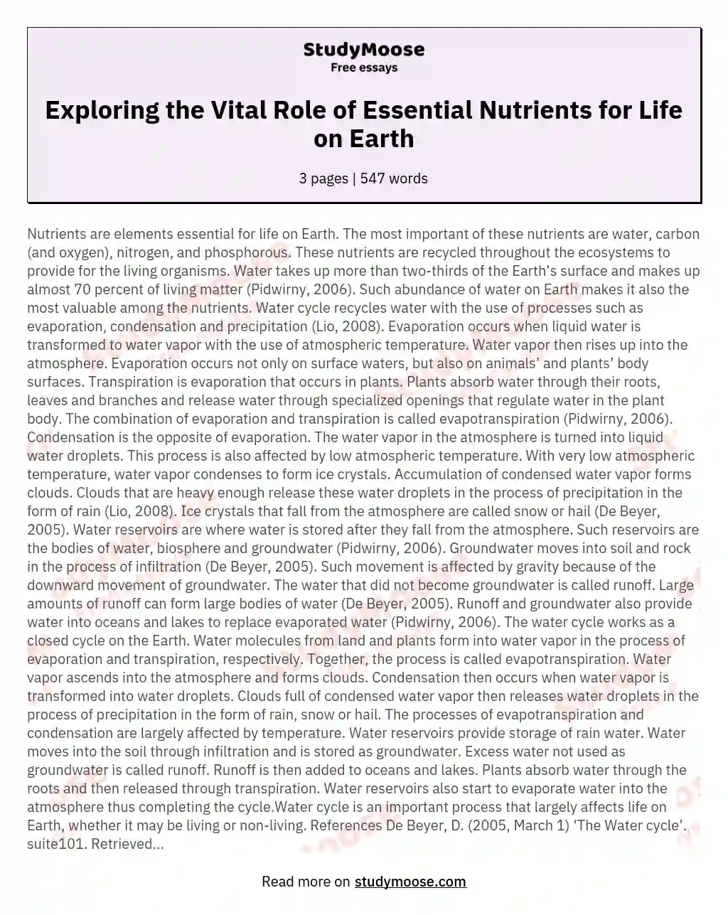 Exploring the Vital Role of Essential Nutrients for Life on Earth essay