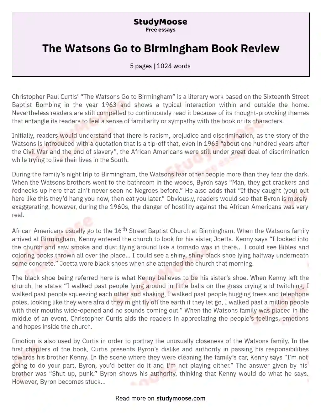 The Watsons Go to Birmingham Book Review essay