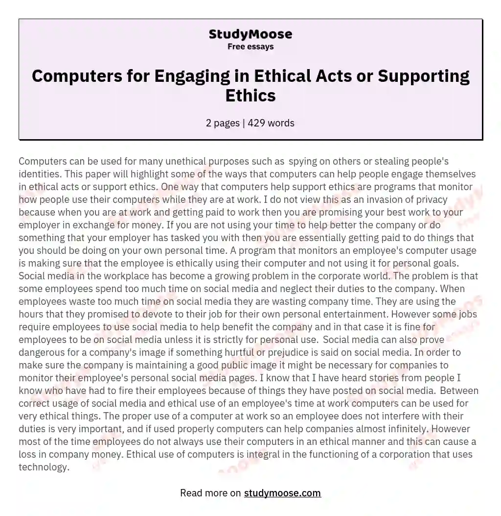 Computers for Engaging in Ethical Acts or Supporting Ethics essay