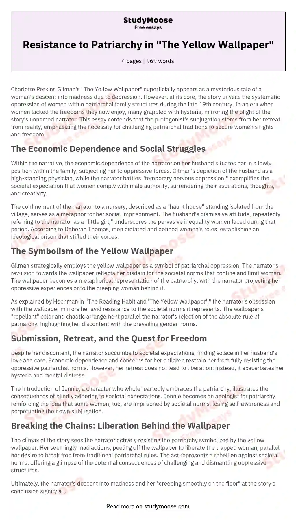 Resistance to Patriarchy in "The Yellow Wallpaper" essay