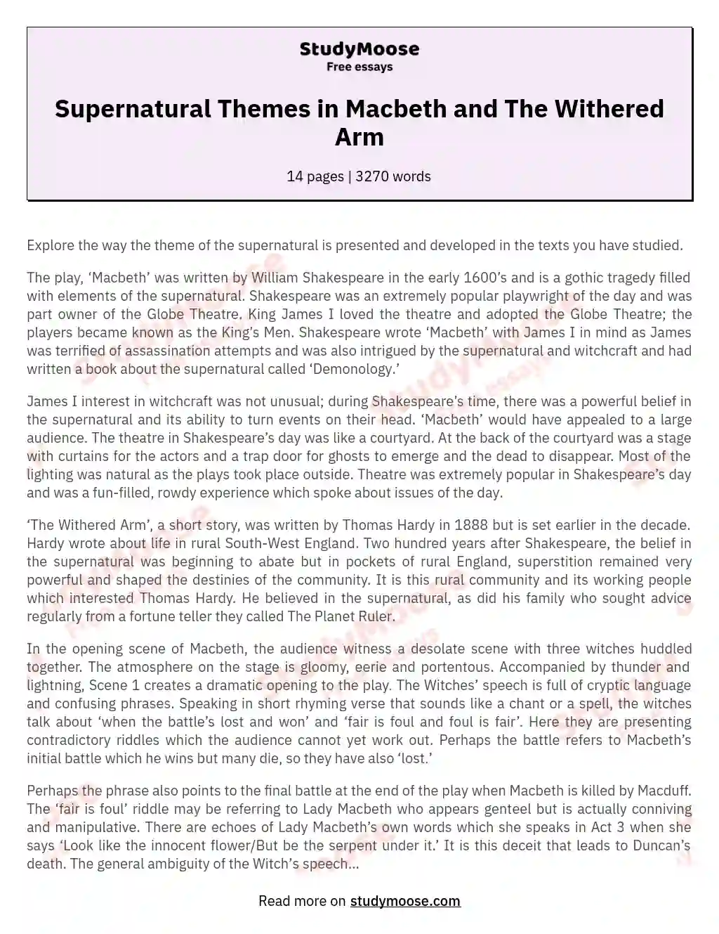 Supernatural Themes in Macbeth and The Withered Arm essay