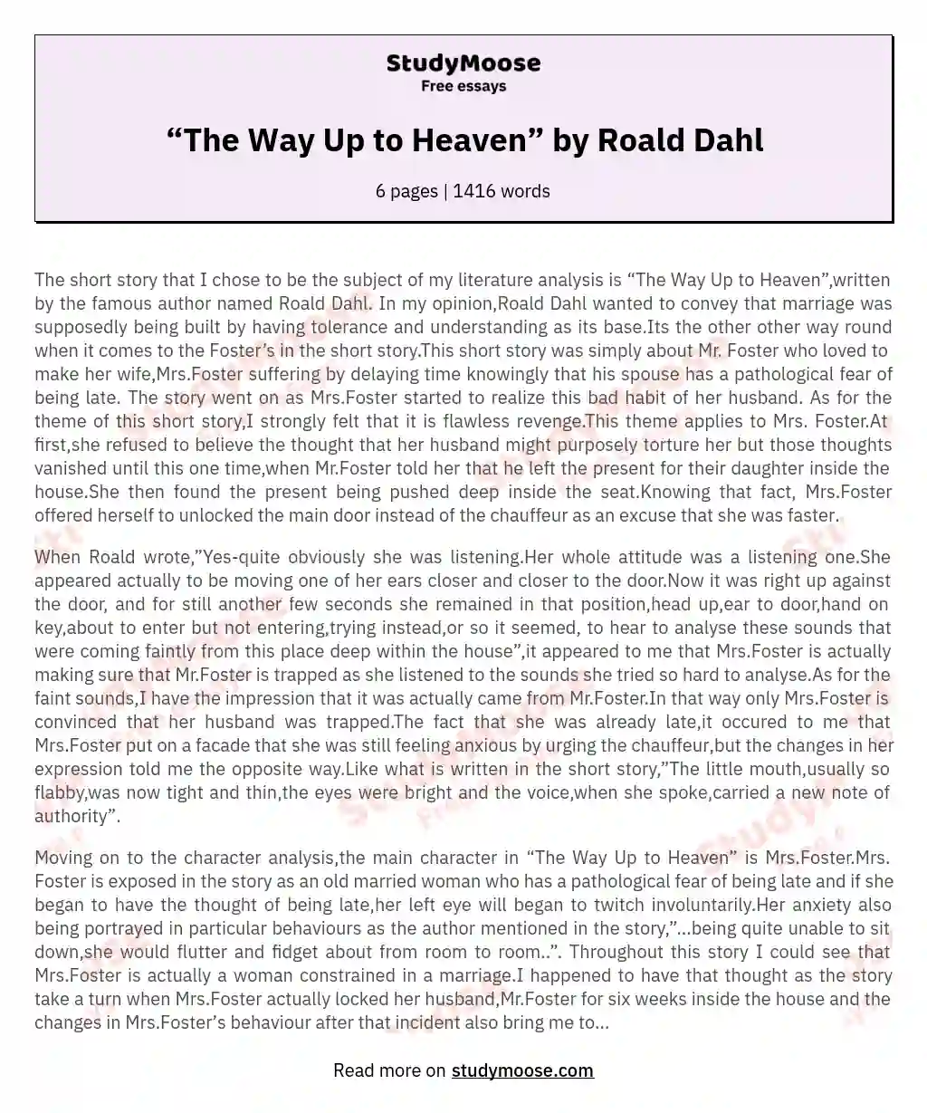 “The Way Up to Heaven” by Roald Dahl essay