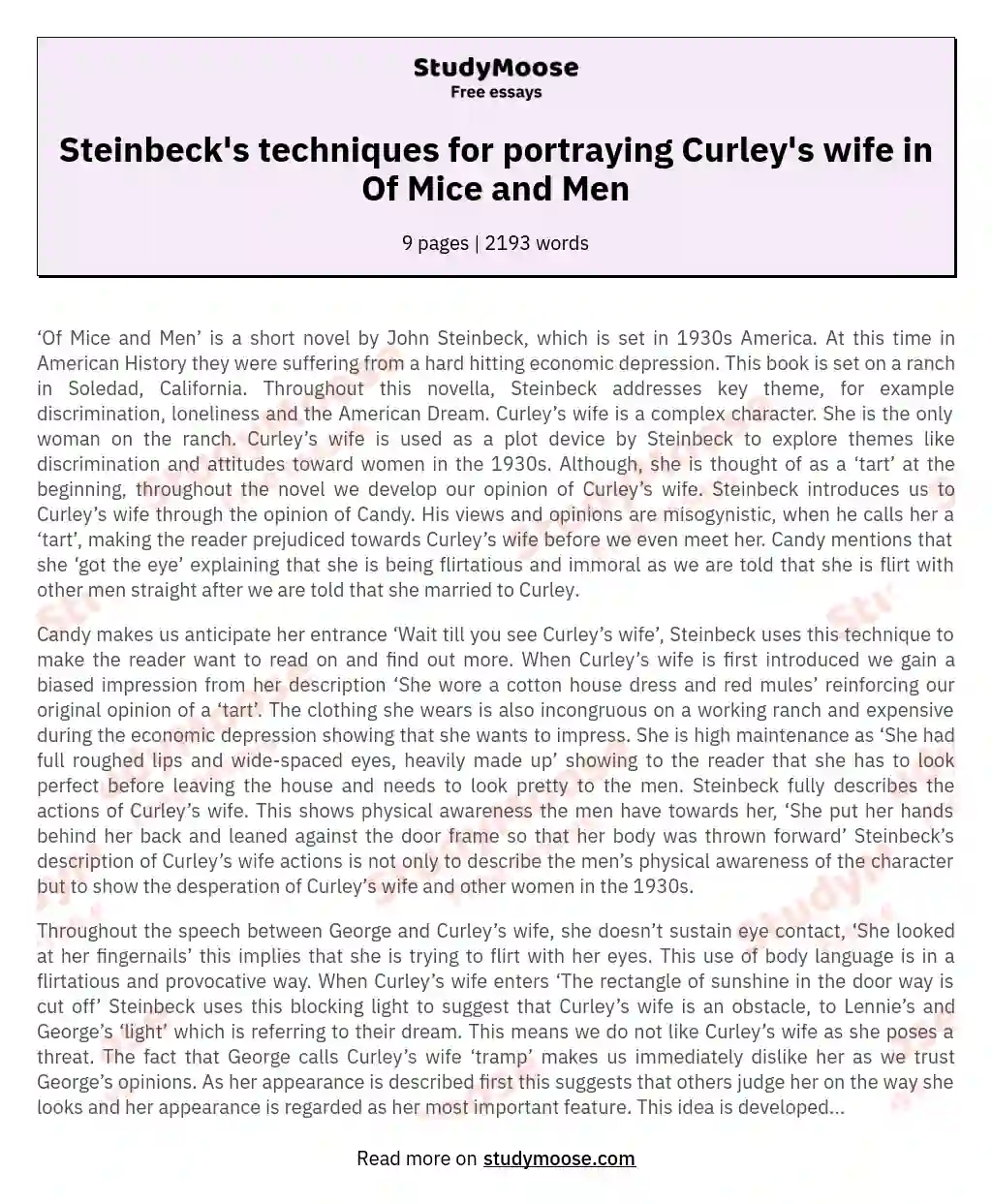 The ways Steinbeck creates dislike of and sympathy for Curley’s wife in his novel "Of Mice and Men"