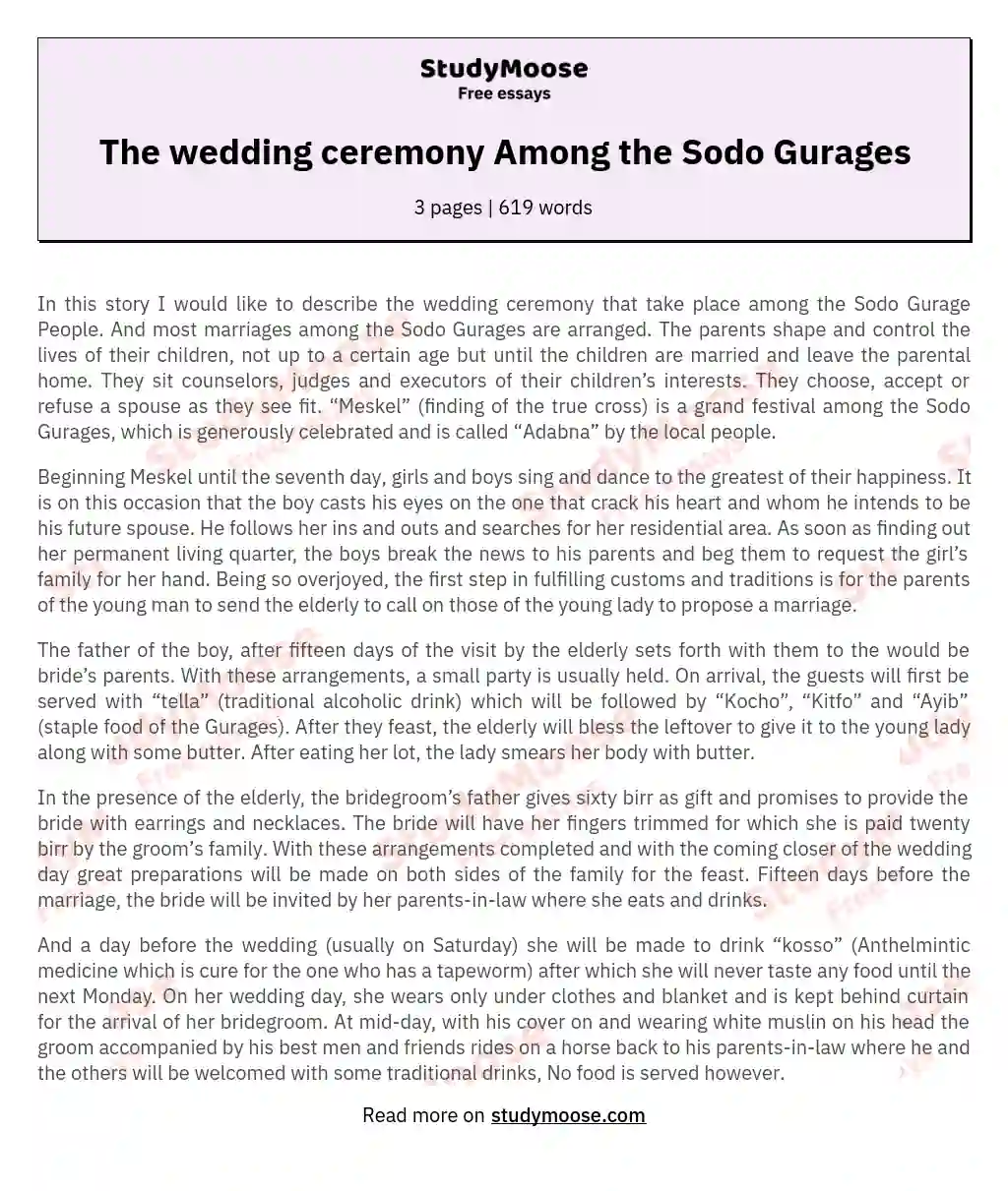 The wedding ceremony Among the Sodo Gurages essay