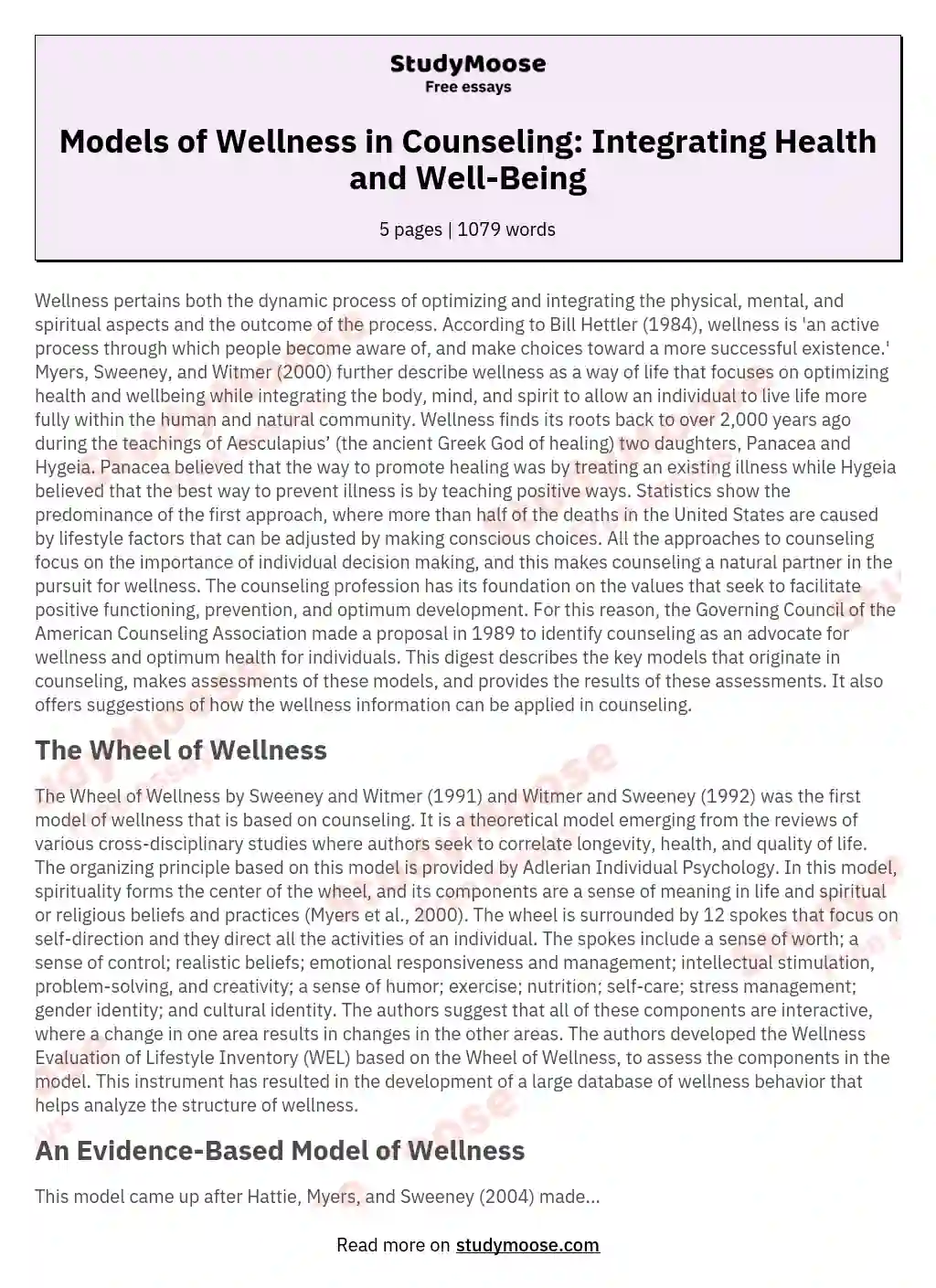 Models of Wellness in Counseling: Integrating Health and Well-Being essay