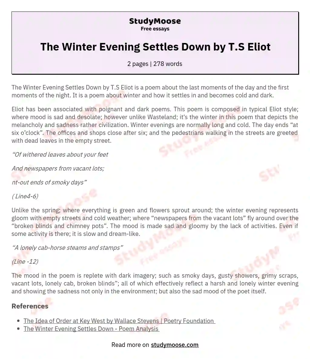 The Winter Evening Settles Down by T.S Eliot essay