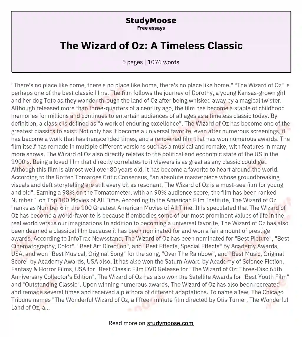The Wizard of Oz: A Timeless Classic essay