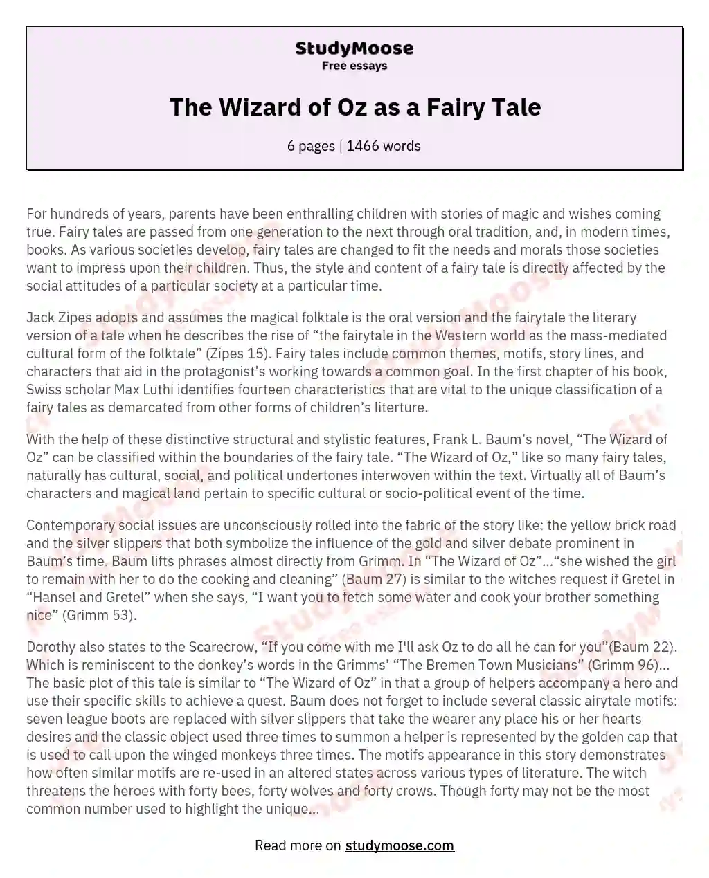 The Wizard of Oz as a Fairy Tale essay