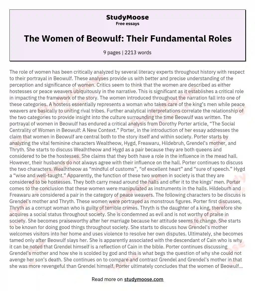 The Women of Beowulf: Their Fundamental Roles essay