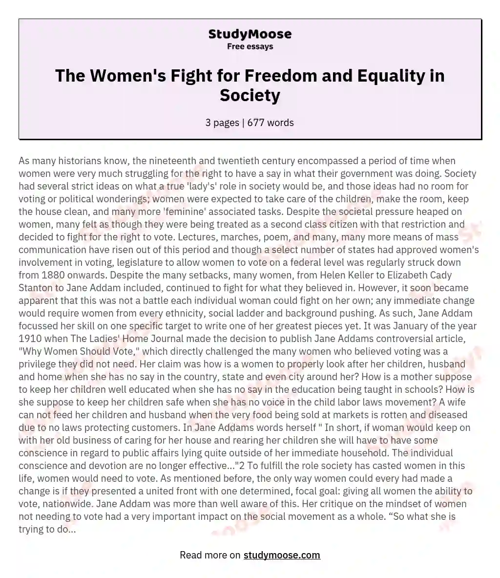The Women's Fight for Freedom and Equality in Society essay