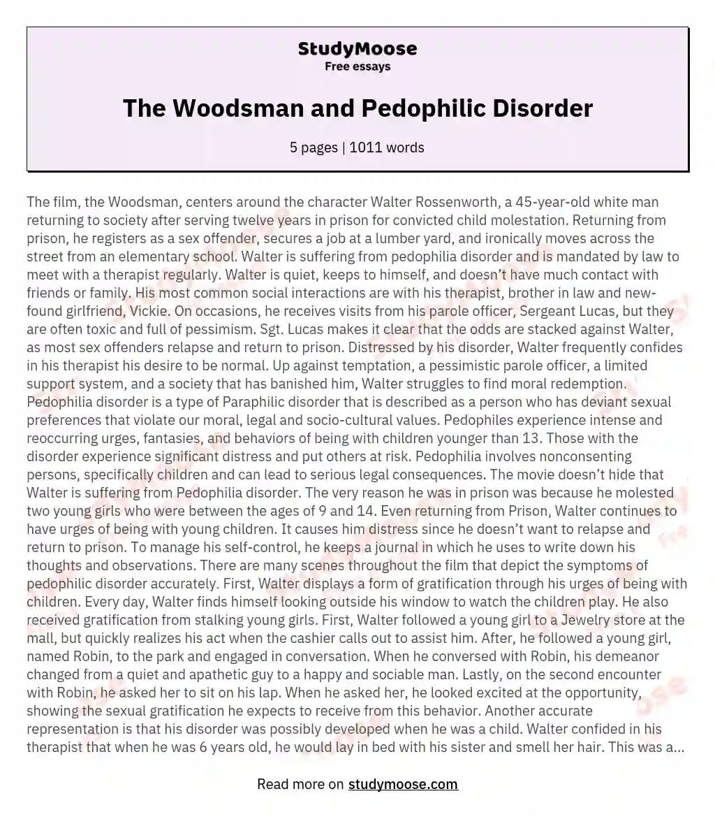 The Woodsman and Pedophilic Disorder essay