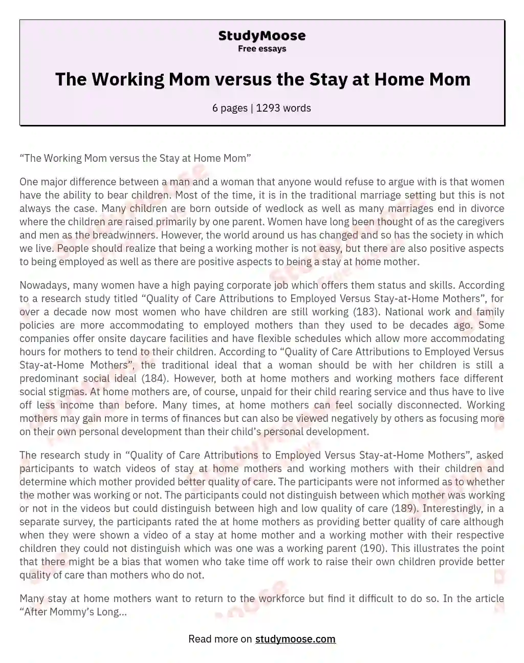 The Working Mom versus the Stay at Home Mom