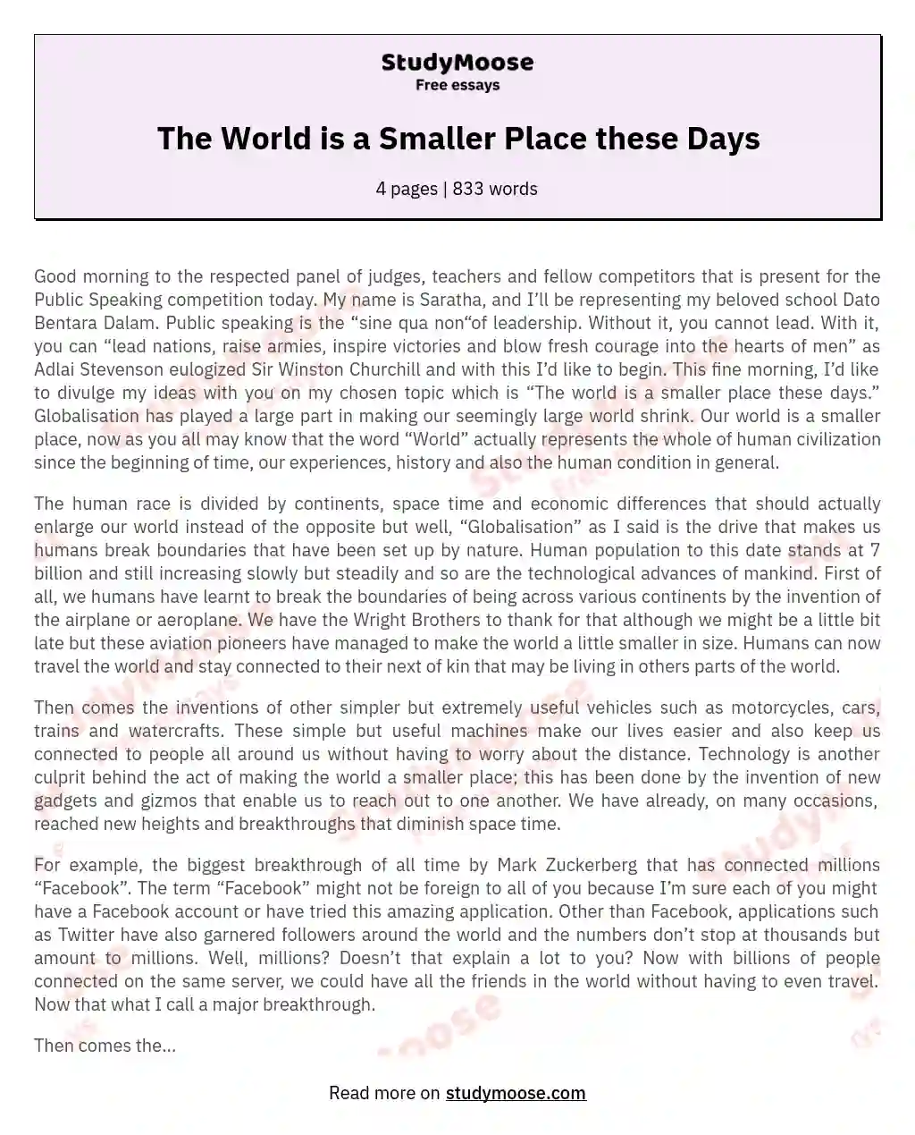 The World is a Smaller Place these Days essay