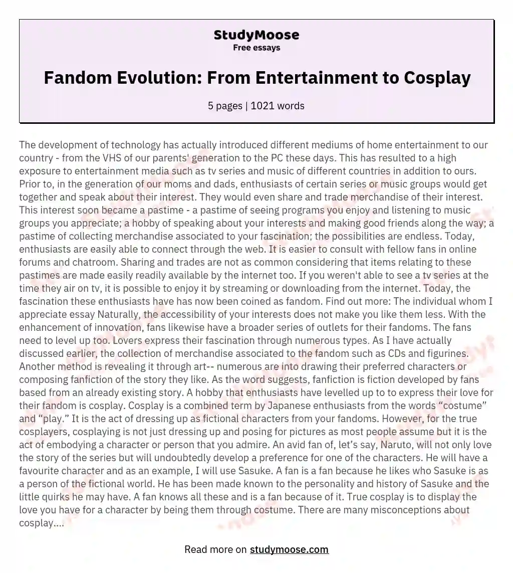 Fandom Evolution: From Entertainment to Cosplay essay