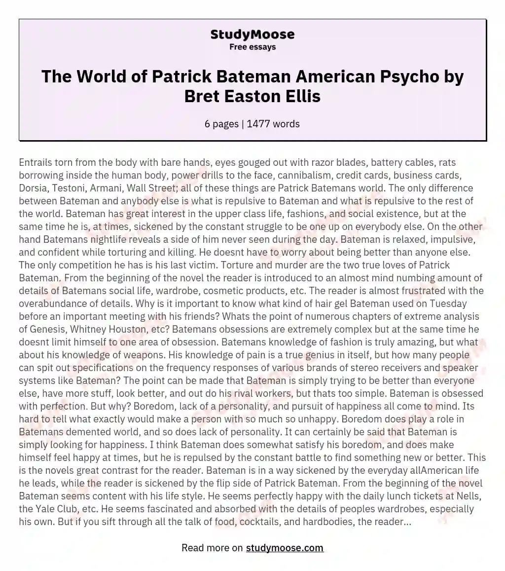 The Duality of Patrick Bateman: Obsession with Perfection and Repulsion essay