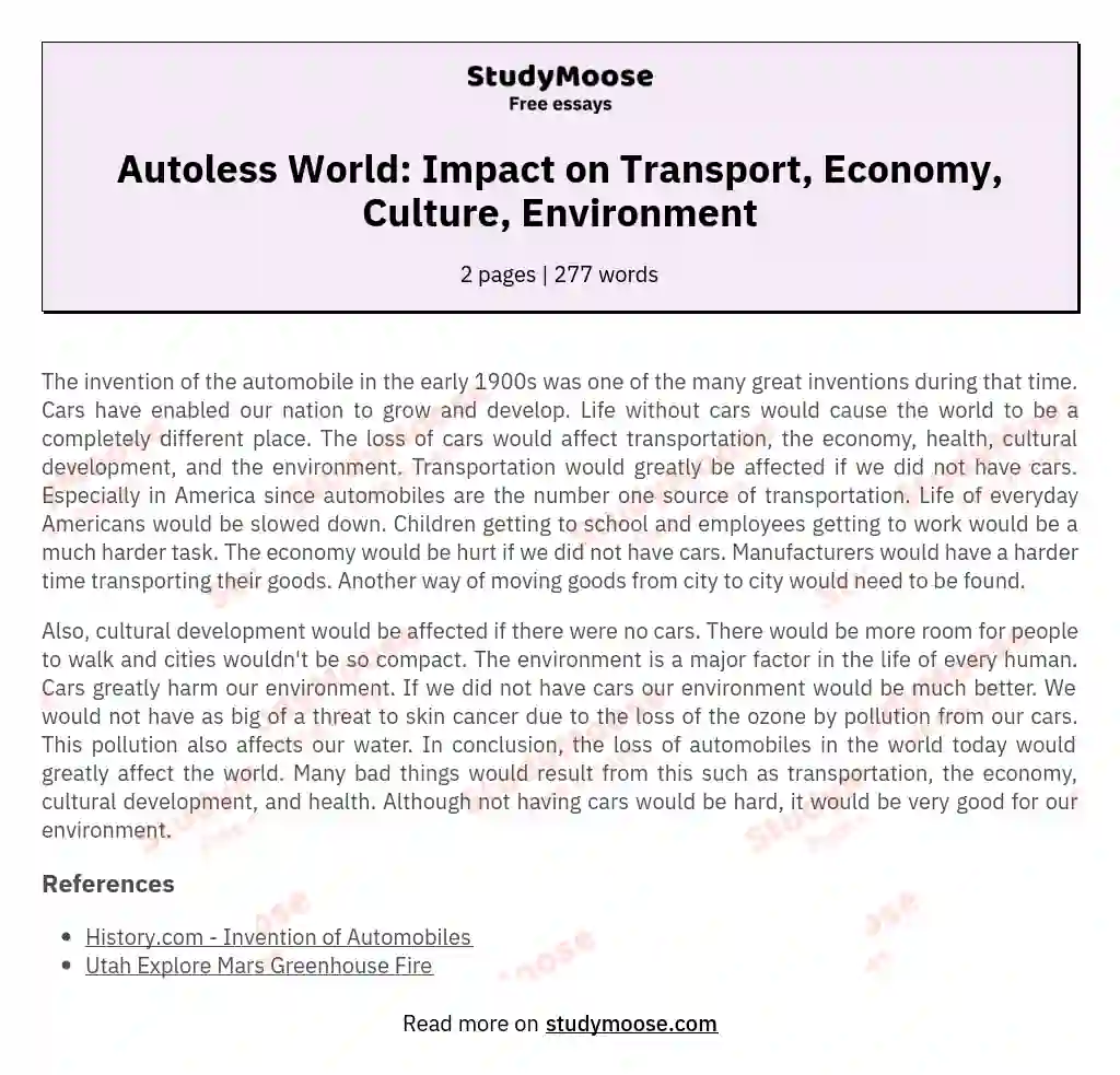 Autoless World: Impact on Transport, Economy, Culture, Environment essay